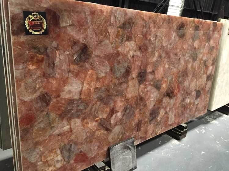 Semi Precious Stone Backlit Hematoid Orange Quartz Crystal Slab - Image 2
